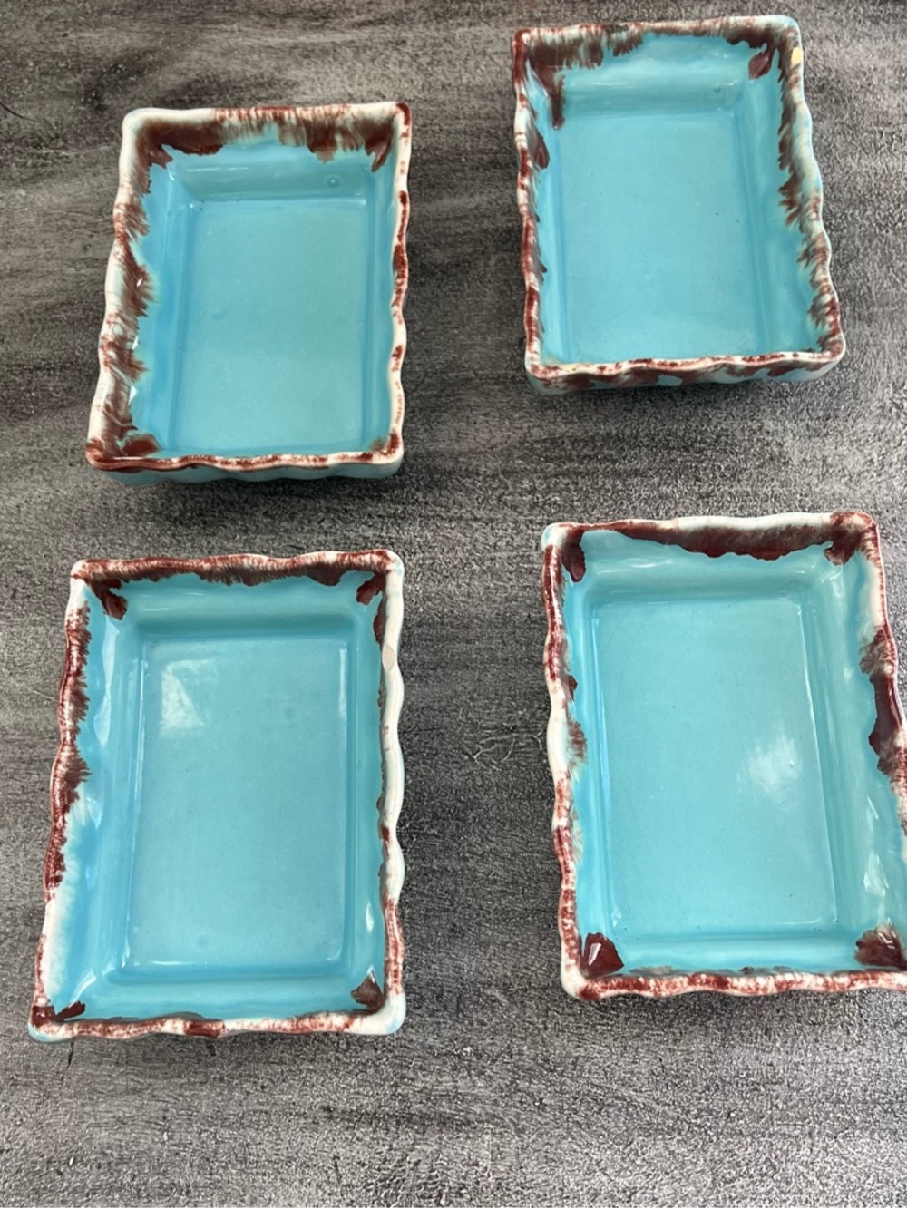 Set of 4 Teal Ceramic Pottery Hand Painted Tray Dish Small Rectangle